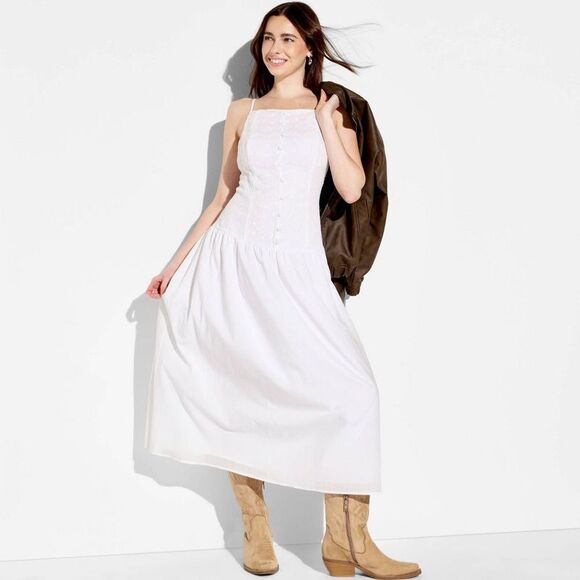 Wild Fable Dresses & Skirts - Wild Fable - Women's High Neck Dropped Waist Midi A-Line Dress  White